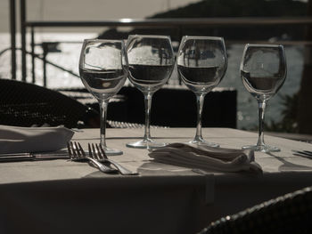 Wine glasses on table in restaurant