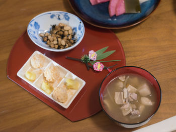 High angle view of meal served on table