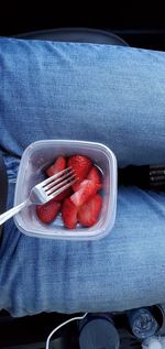 High angle view of strawberries in plate