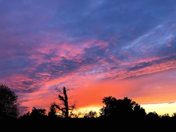 Low angle view of silhouette trees against dramatic sky