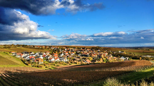Houses amidst agricultural fields against sky