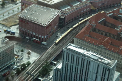 High angle view of vehicles on road in city