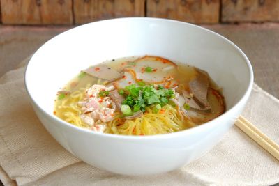 Close-up of noodle soup in bowl on table