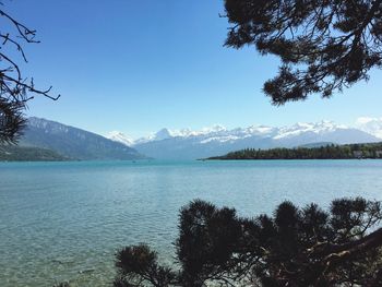 Scenic view of lake against blue sky