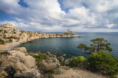 Panorama of cape kapchik near coastline of black sea. shot in novyi svit, crimea