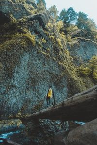 Low angle view of man standing on log bridge