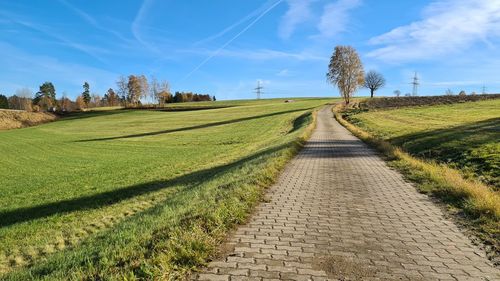 Dirt road amidst field against sky