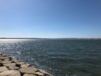 Scenic view of sea against clear blue sky