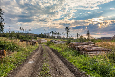 Dirt road amidst field against sky