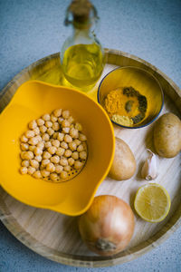 High angle view of fruits in bowl on table