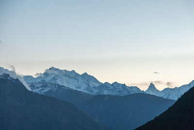 Scenic view of snowcapped mountains against clear sky