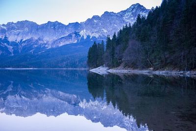 Scenic view of lake and mountains against sky