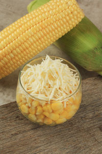 High angle view of corn on table