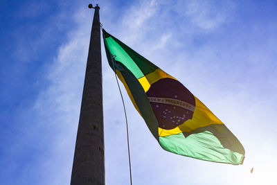 Low angle view of flag on pole against sky