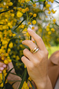 Midsection of person holding flowering plant