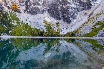 Reflection of rocky mountains in calm lake