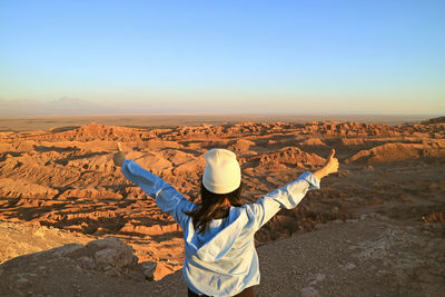 Rear view of person standing on landscape against clear sky