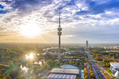 Aerial view of buildings against cloudy sky