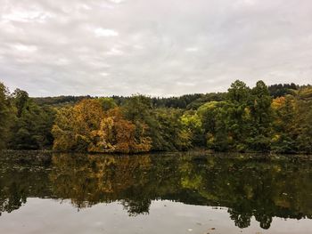 Reflection of trees in lake against sky