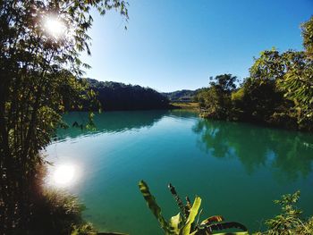 Scenic view of lake against clear blue sky