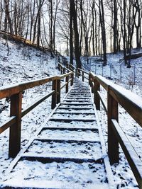 Wooden footbridge over snow covered land