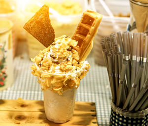 Close-up of ice cream on table