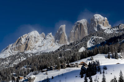 Trees and snowcapped mountains against blue sky