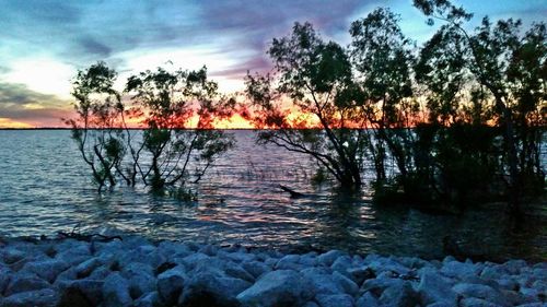 Scenic view of lake at sunset