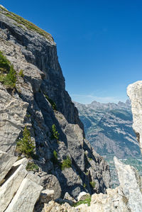 Scenic view of rocky mountains against clear blue sky