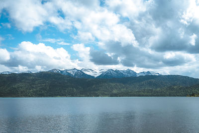 Scenic view of lake by mountains against sky