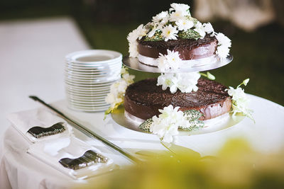 Close-up of cake served on table
