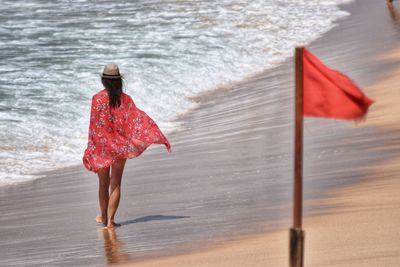 Rear view of woman walking on sea shore