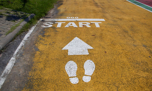 High angle view of text on road