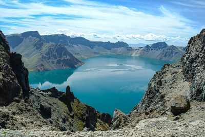 Panoramic view of lake and mountains against sky