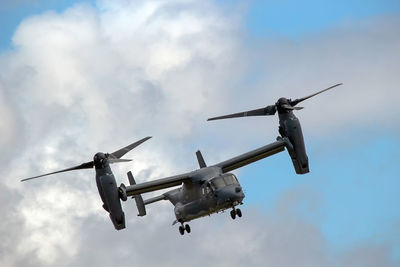 Low angle view of airplane flying against sky