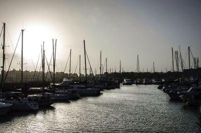 Boats in harbor at sunset