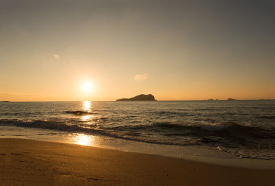 Scenic view of beach against sky during sunset