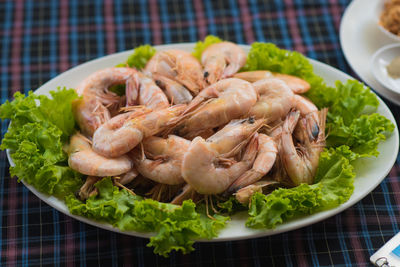High angle view of seafood in plate on table