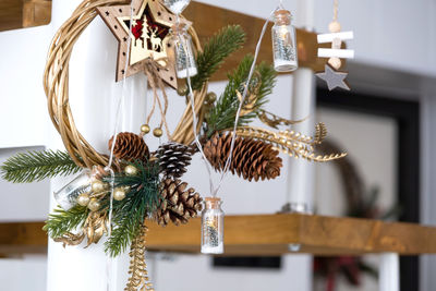 Close-up of christmas decorations on table