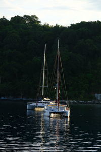 Sailboat sailing on lake against sky