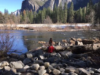 Rear view of woman sitting on rock by lake