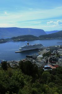 High angle view of boats in bay