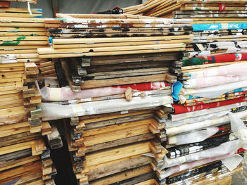 High angle view of books on shelf