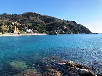 Scenic view of sea against clear blue sky