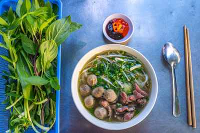 High angle view of soup in bowl on table