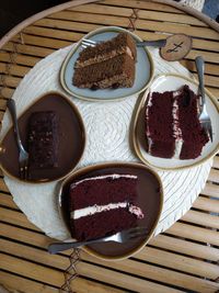 High angle view of cake in plate on table