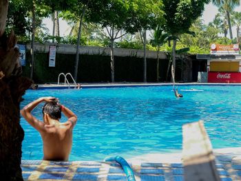 People swimming in pool against trees