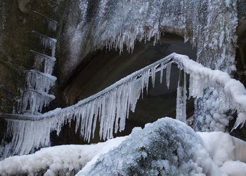 Low angle view of icicles on rocks during winter