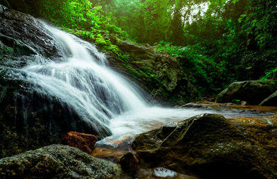 Beautiful waterfall in jungle. waterfall in tropical forest with green tree and sunlight.