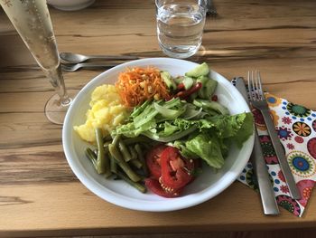 High angle view of breakfast served on table